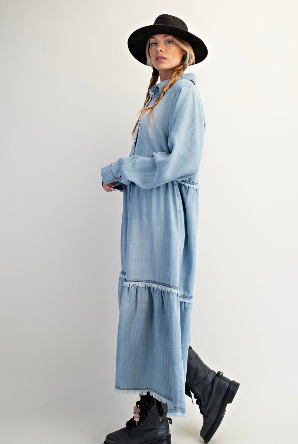Button Front Wash Denim Maxi Dress-Tencel - Bella Boutique & Bellasbylola.com