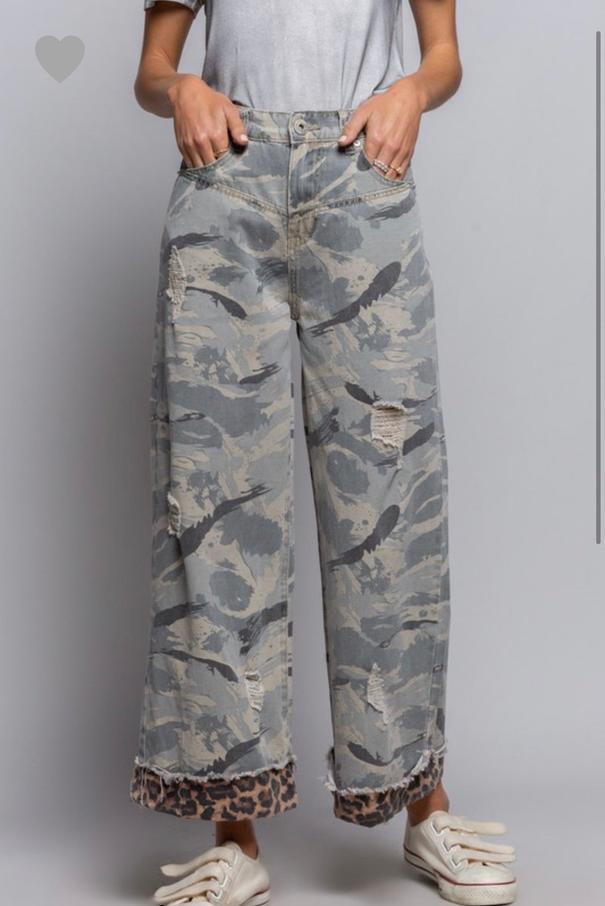 Stylish Camo Wide Leg Pants with Distressed Leopard Band - Bella Boutique & Bellasbylola.com