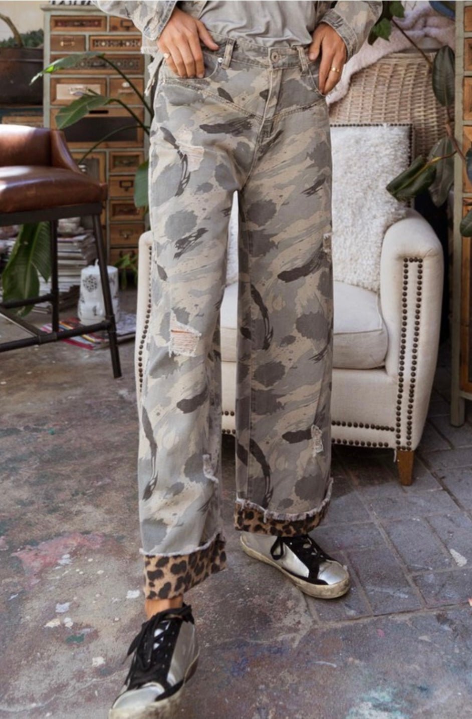 Stylish Camo Wide Leg Pants with Distressed Leopard Band - Bella Boutique & Bellasbylola.com
