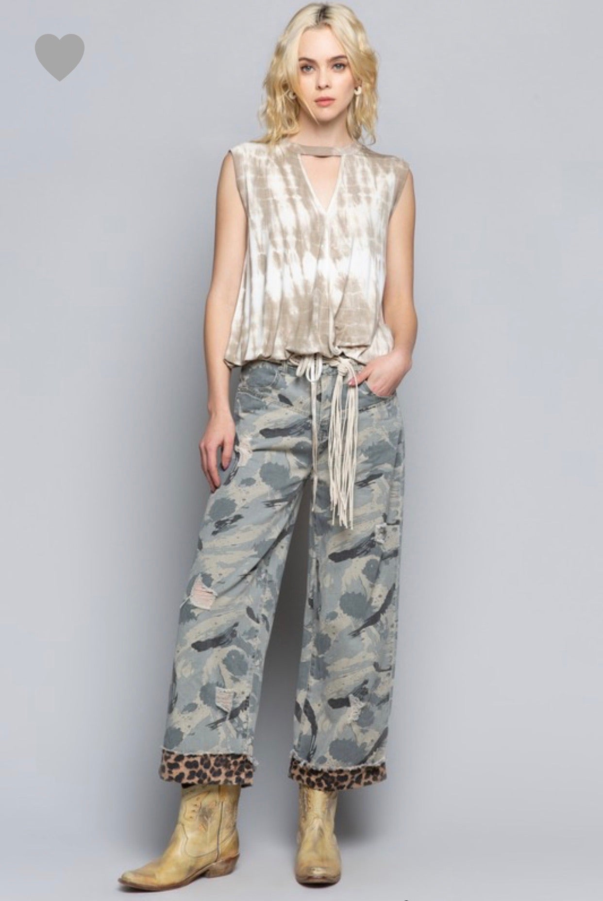 Stylish Camo Wide Leg Pants with Distressed Leopard Band - Bella Boutique & Bellasbylola.com