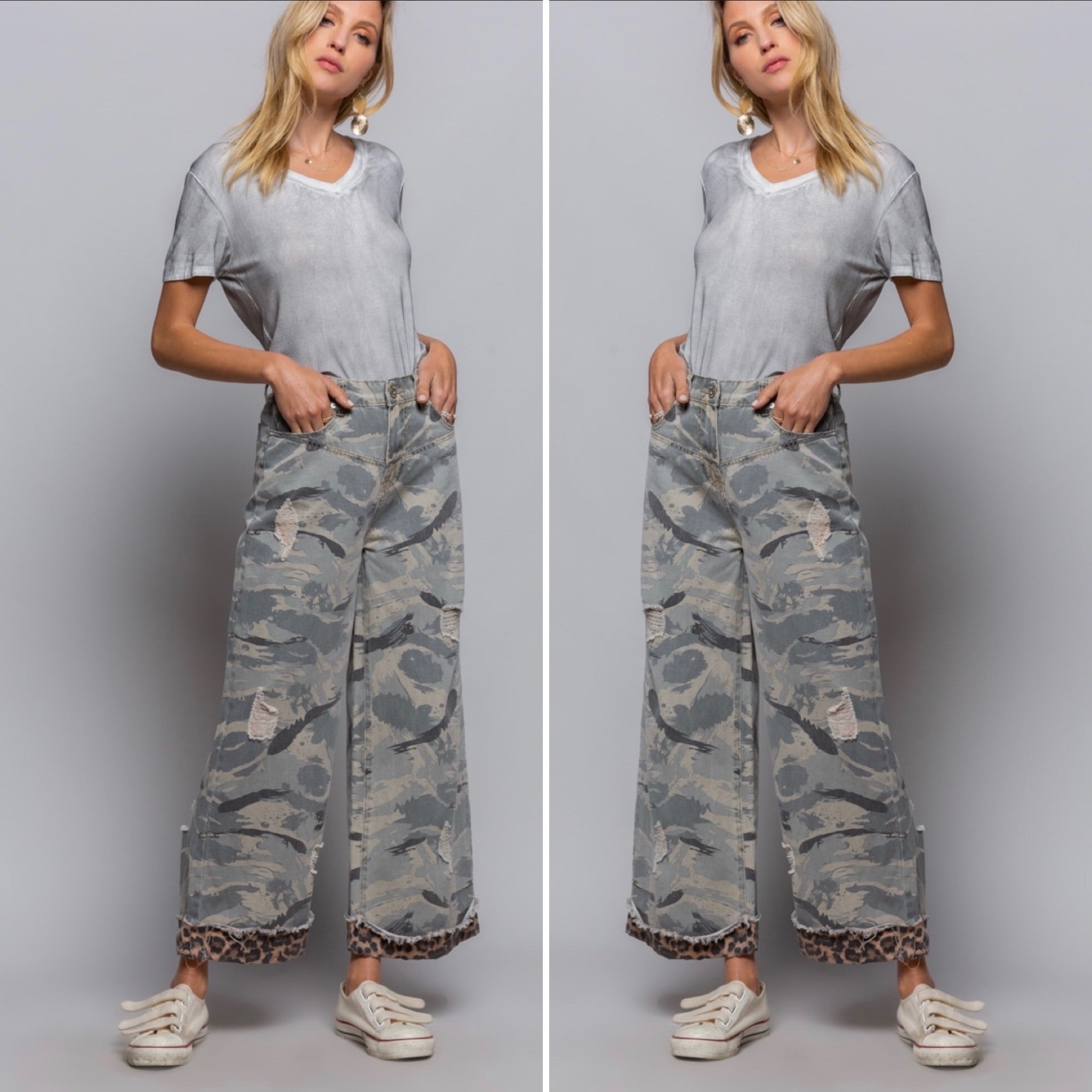 Stylish Camo Wide Leg Pants with Distressed Leopard Band - Bella Boutique & Bellasbylola.com