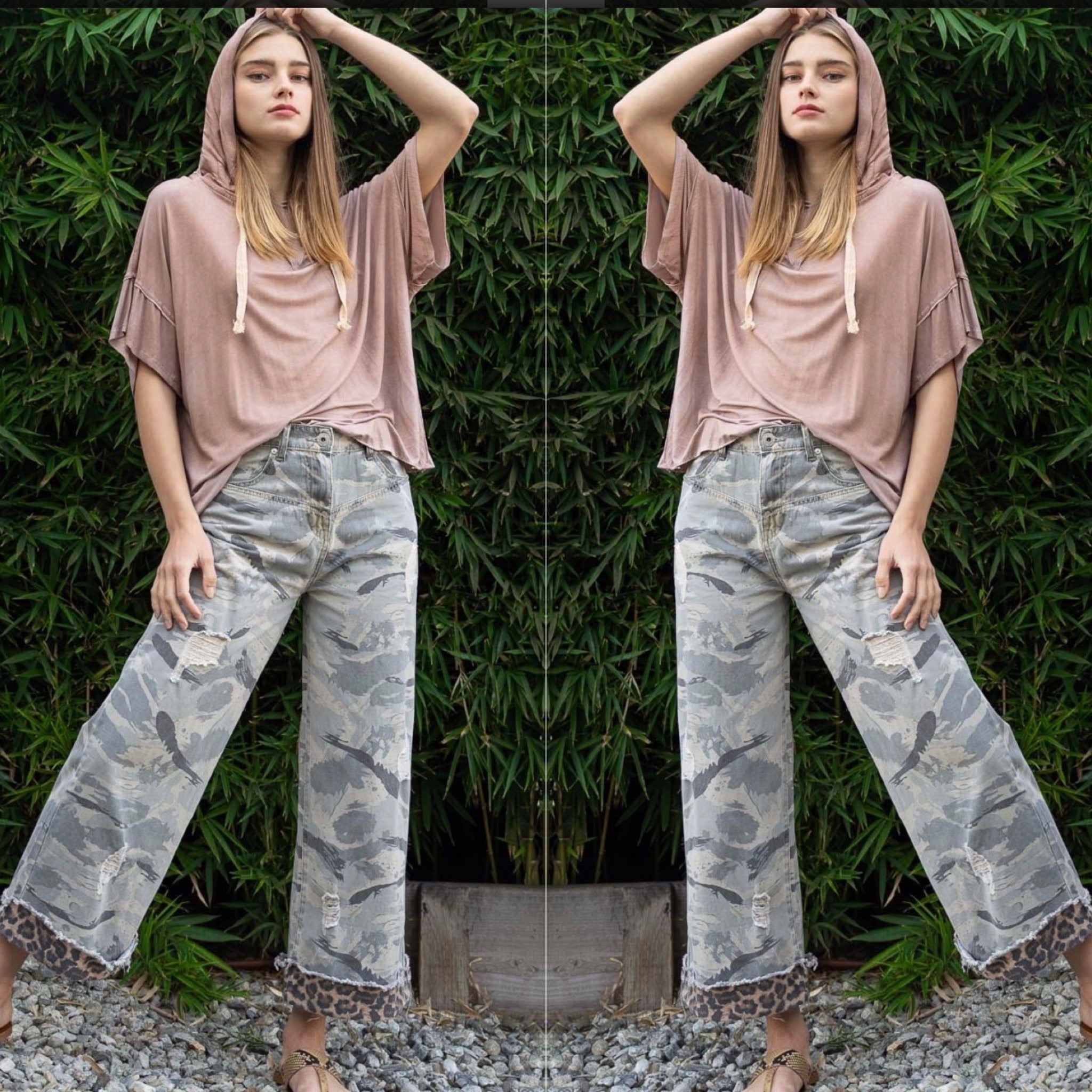 Stylish Camo Wide Leg Pants with Distressed Leopard Band - Bella Boutique & Bellasbylola.com