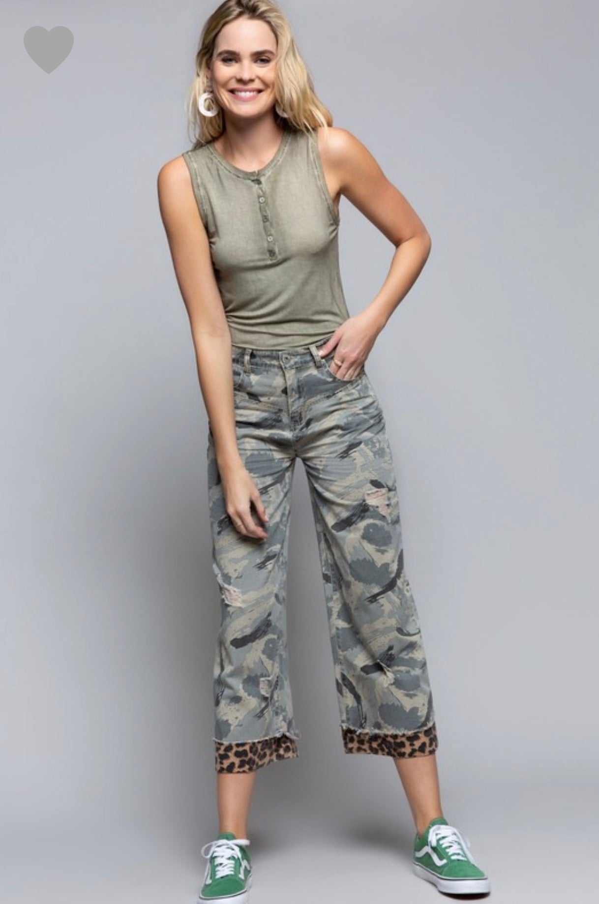 Stylish Camo Wide Leg Pants with Distressed Leopard Band - Bella Boutique & Bellasbylola.com