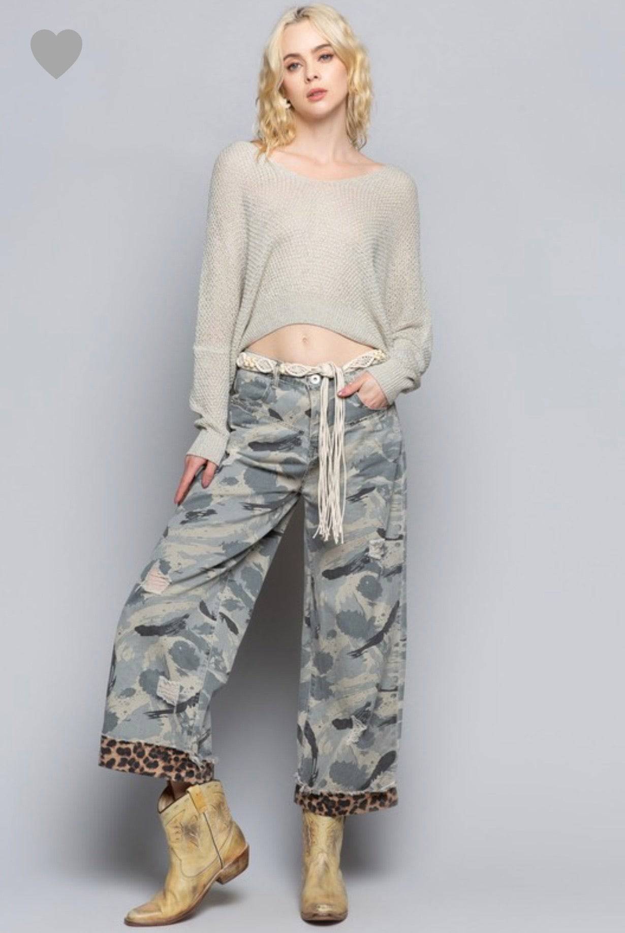 Stylish Camo Wide Leg Pants with Distressed Leopard Band - Bella Boutique & Bellasbylola.com