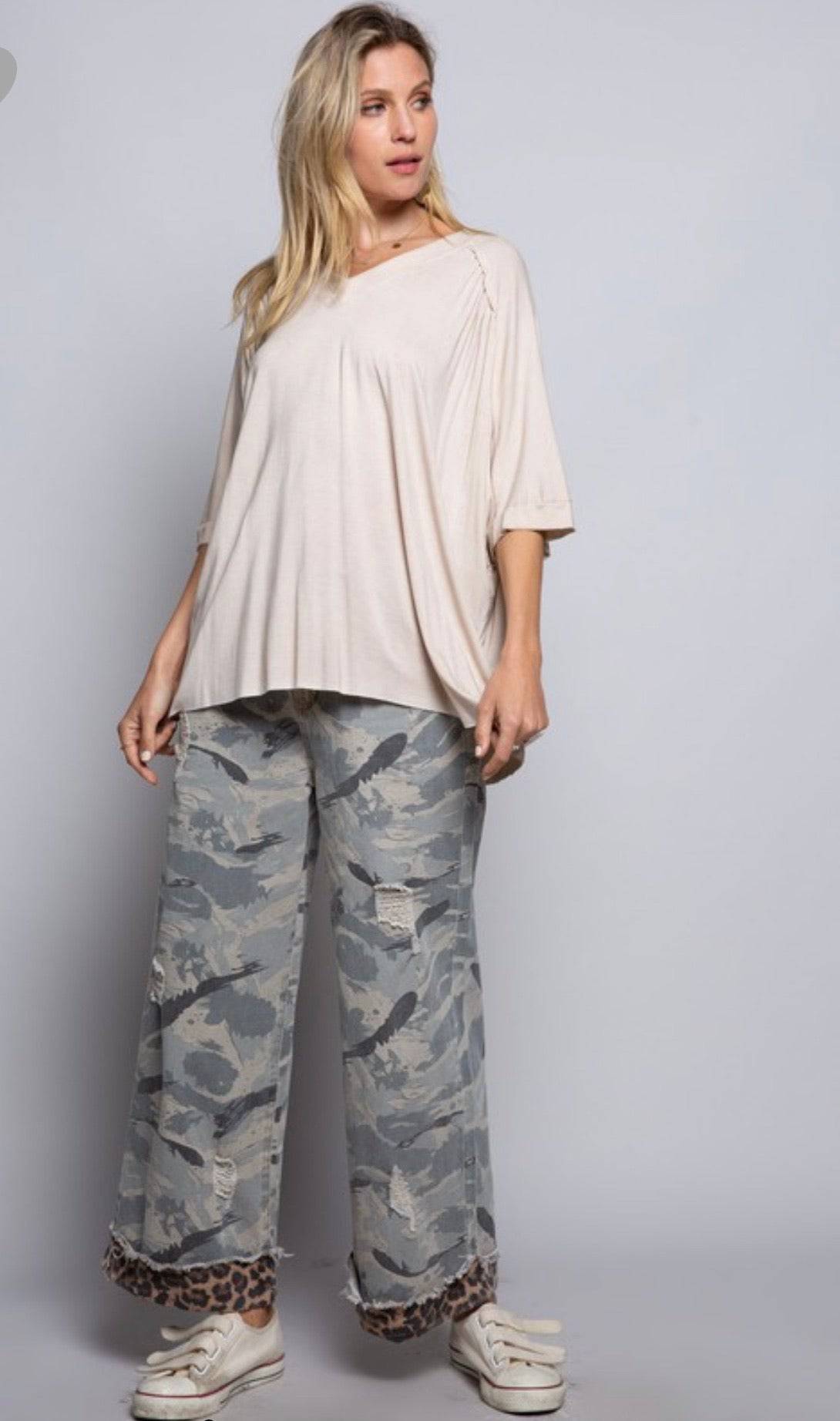 Stylish Camo Wide Leg Pants with Distressed Leopard Band - Bella Boutique & Bellasbylola.com