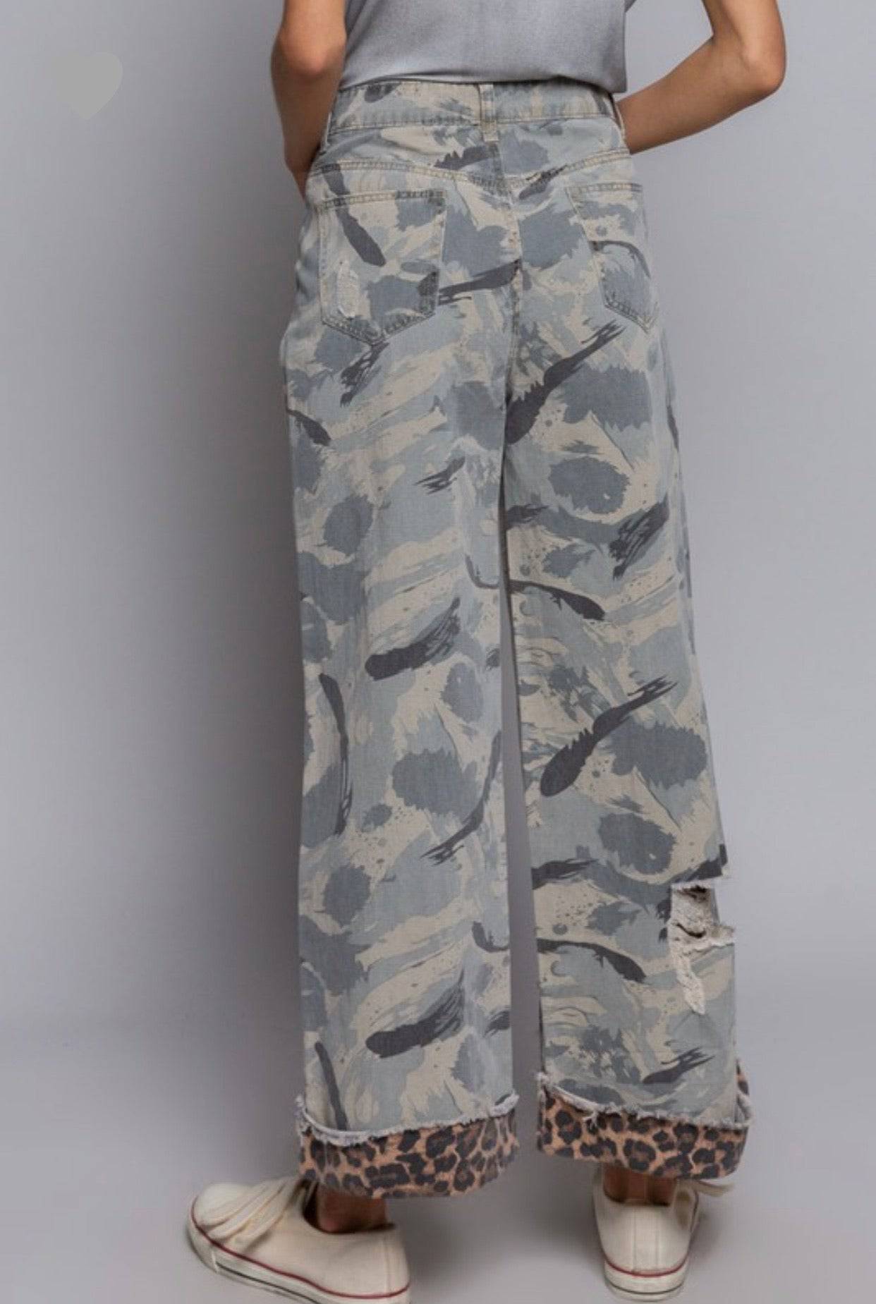 Stylish Camo Wide Leg Pants with Distressed Leopard Band - Bella Boutique & Bellasbylola.com