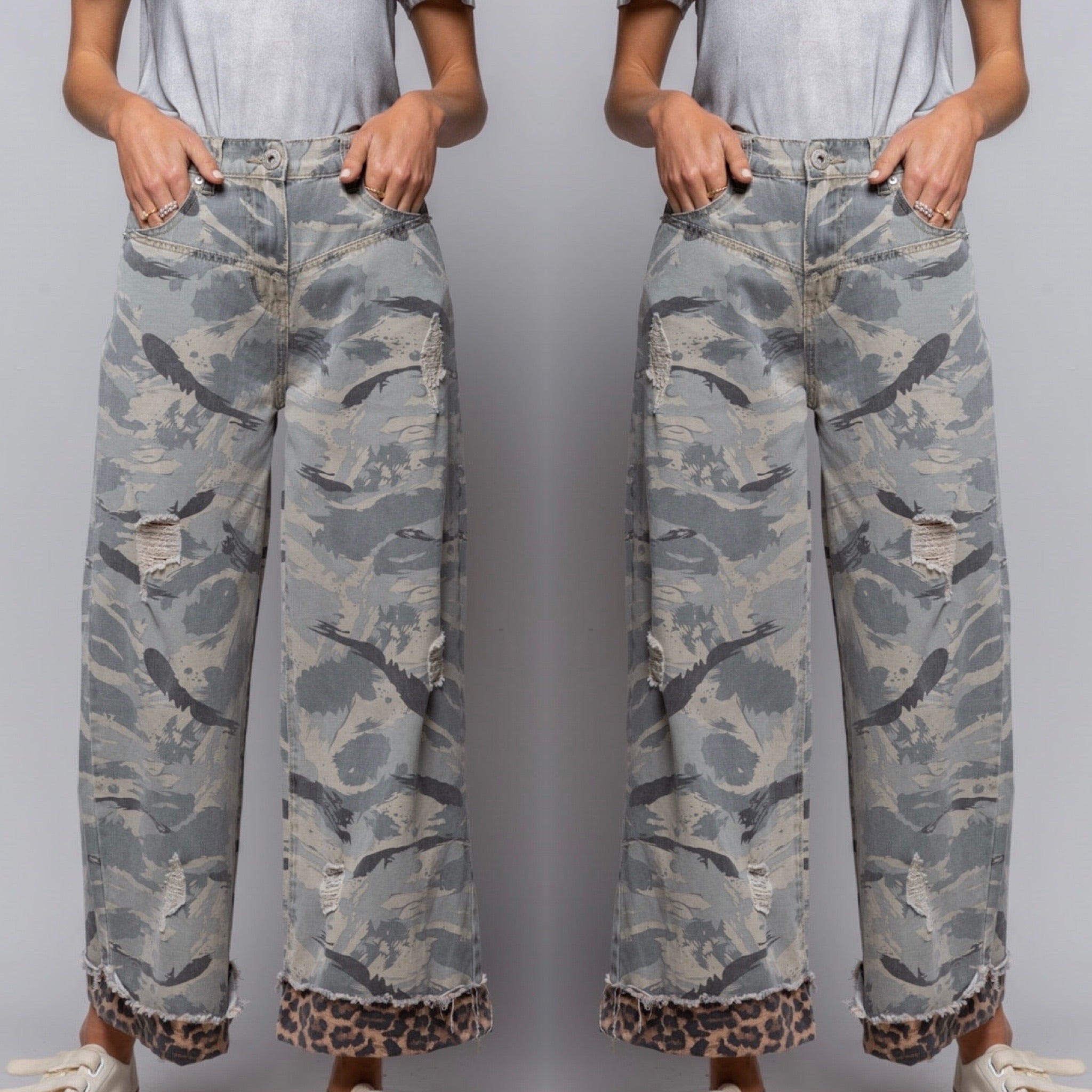 Stylish Camo Wide Leg Pants with Distressed Leopard Band - Bella Boutique & Bellasbylola.com
