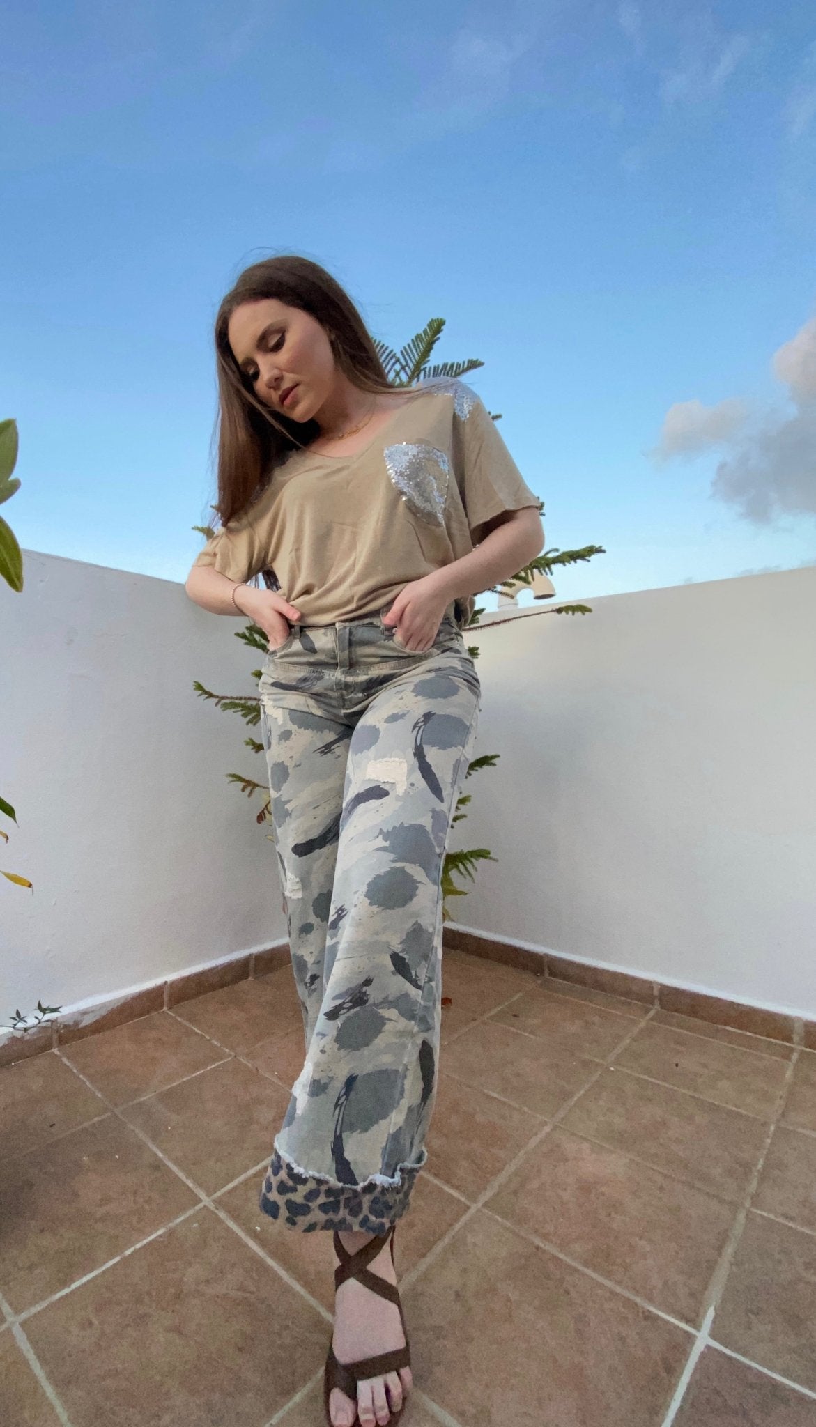 Stylish Camo Wide Leg Pants with Distressed Leopard Band - Bella Boutique & Bellasbylola.com
