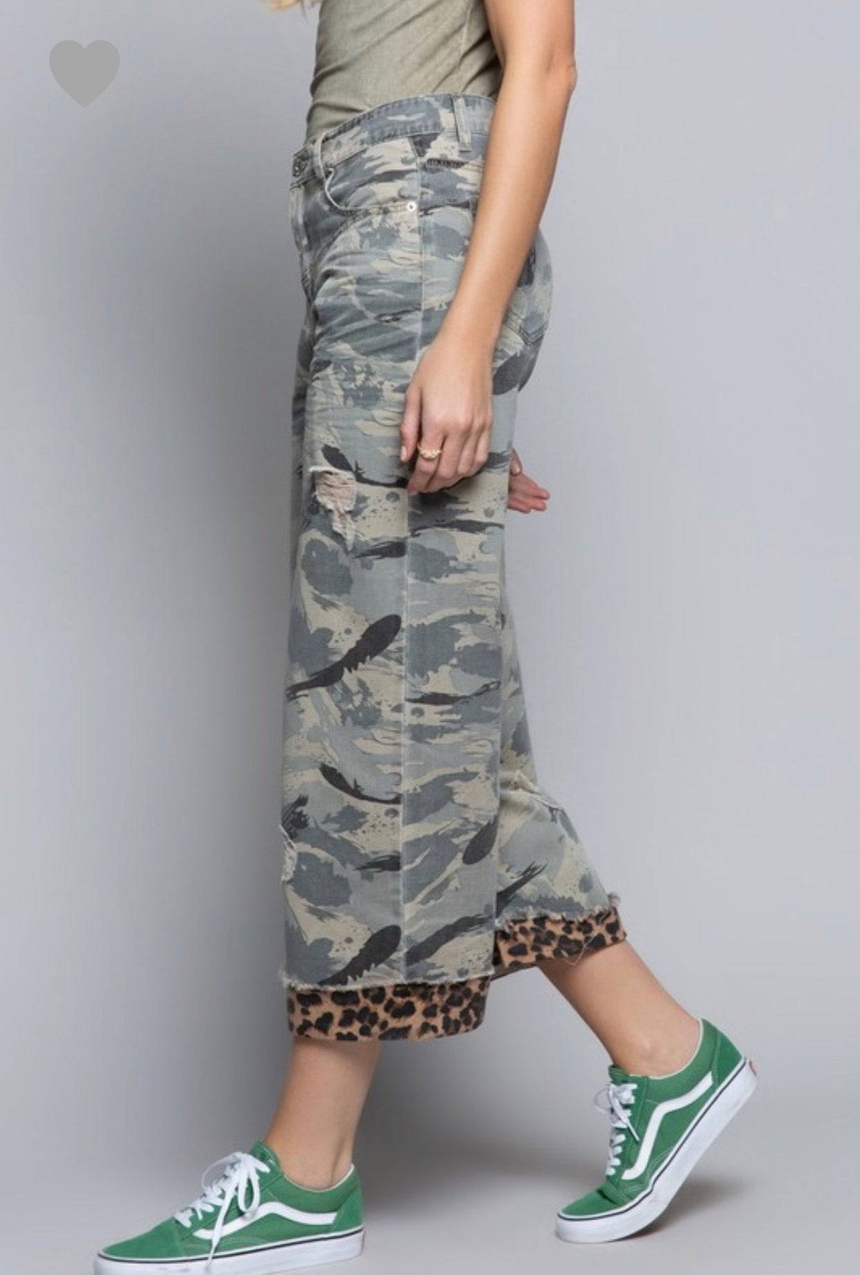 Stylish Camo Wide Leg Pants with Distressed Leopard Band - Bella Boutique & Bellasbylola.com