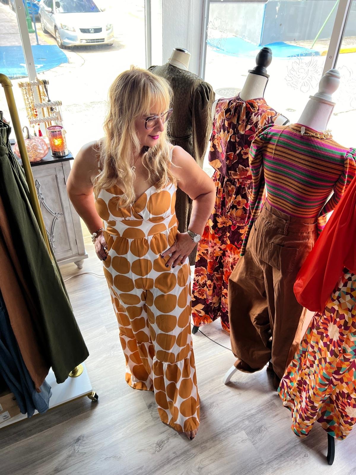 Caramel Circle Print Jumpsuit with Ruffled Hems - Modern Sophistication & Ultimate Comfort!