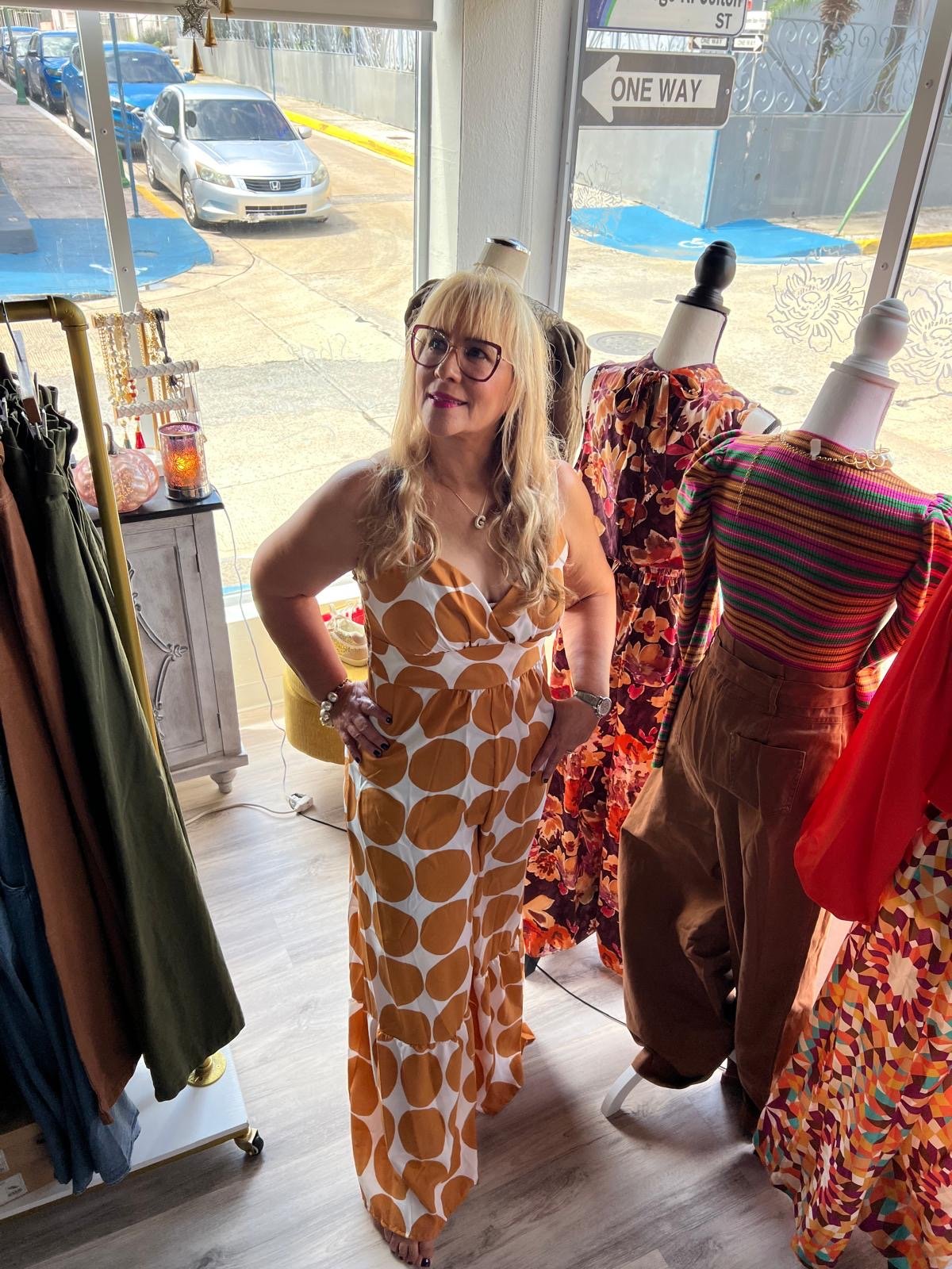 Caramel Circle Print Jumpsuit with Ruffled Hems - Modern Sophistication & Ultimate Comfort!