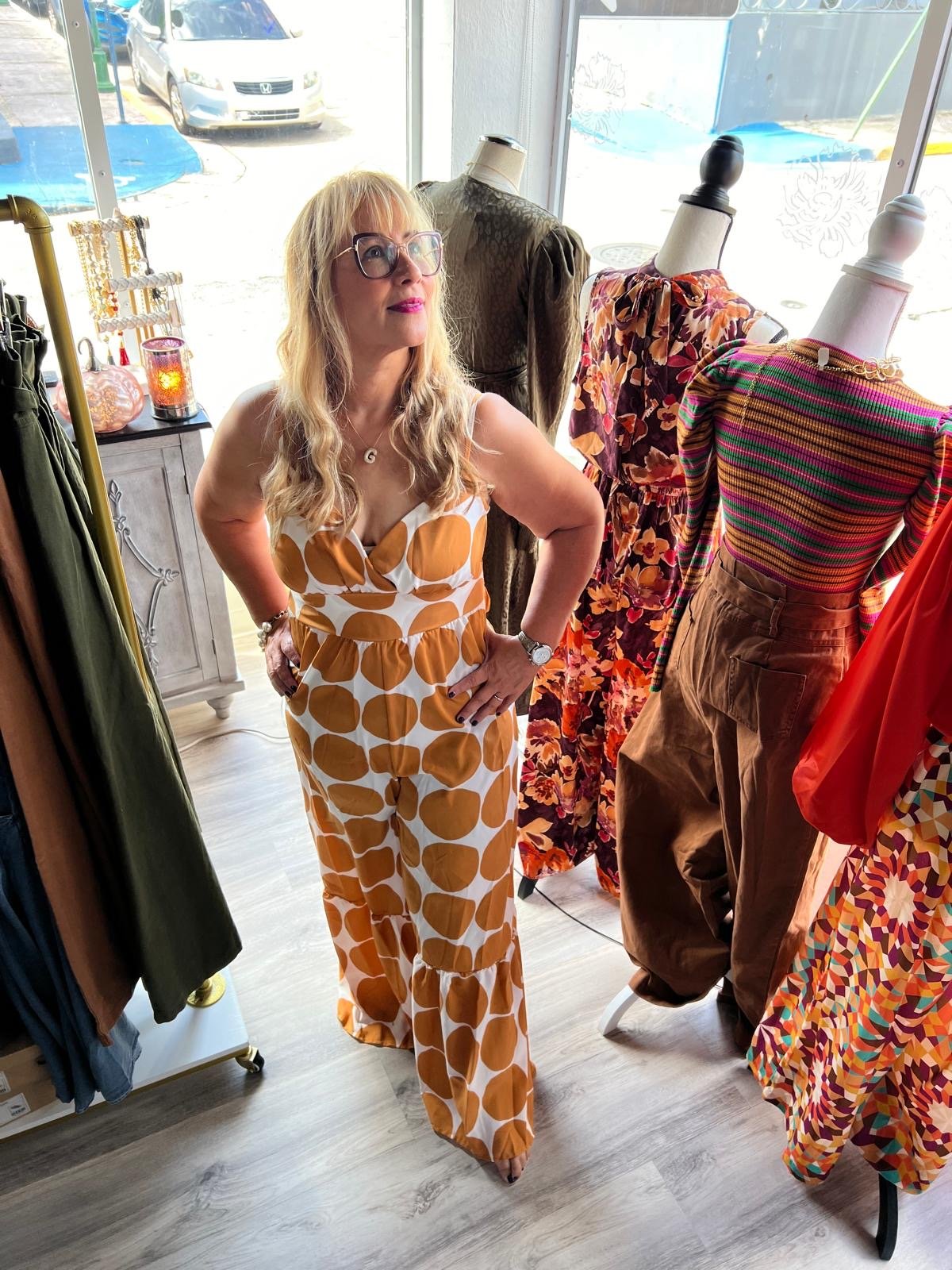 Caramel Circle Print Jumpsuit with Ruffled Hems - Modern Sophistication & Ultimate Comfort!