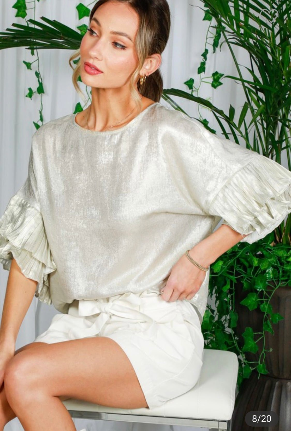 Champagne Metallic Ruffle Blouse - Tax Included - Bella Boutique & Bellasbylola.com