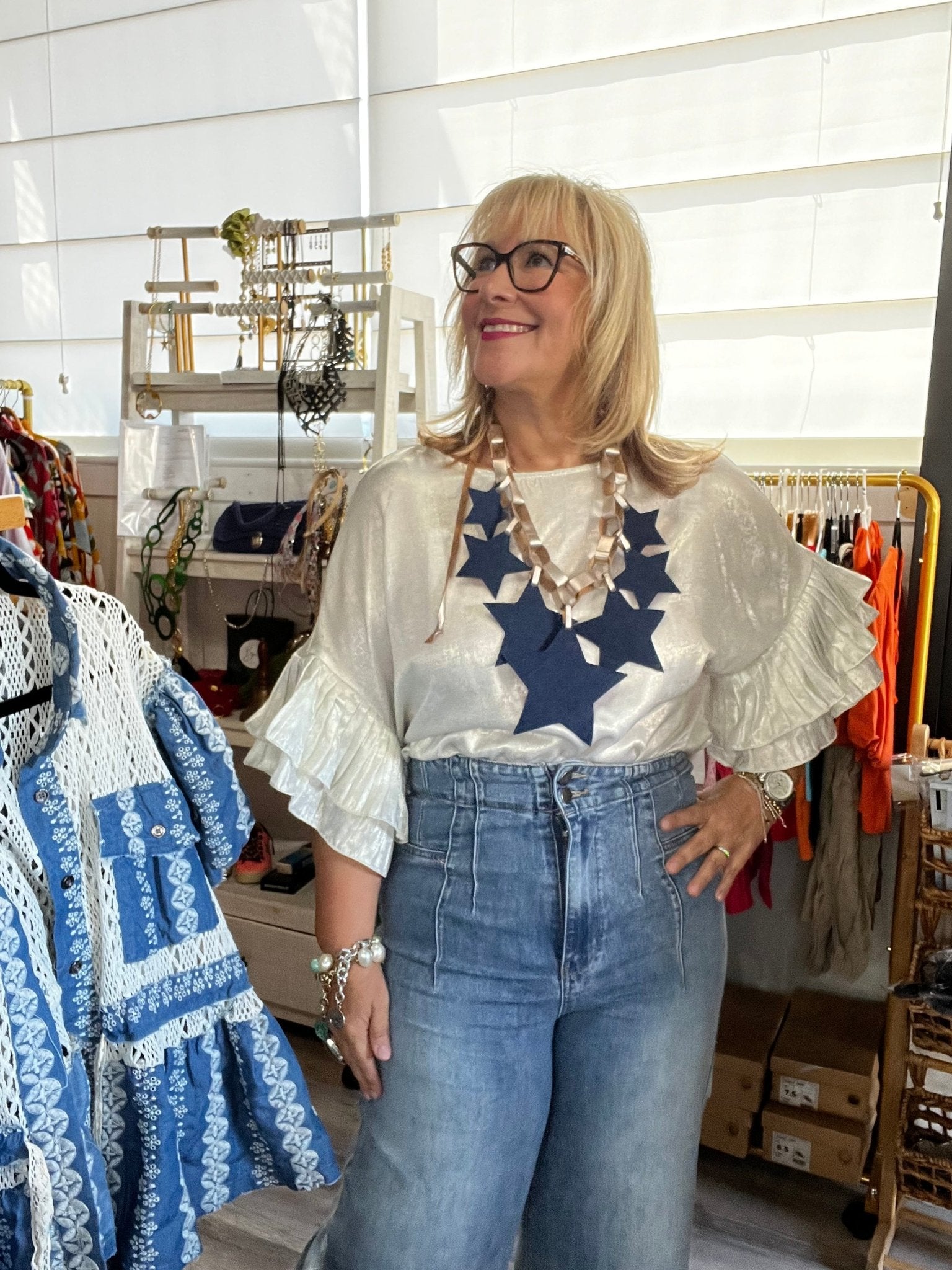 Champagne Metallic Ruffle Blouse - Tax Included - Bella Boutique & Bellasbylola.com