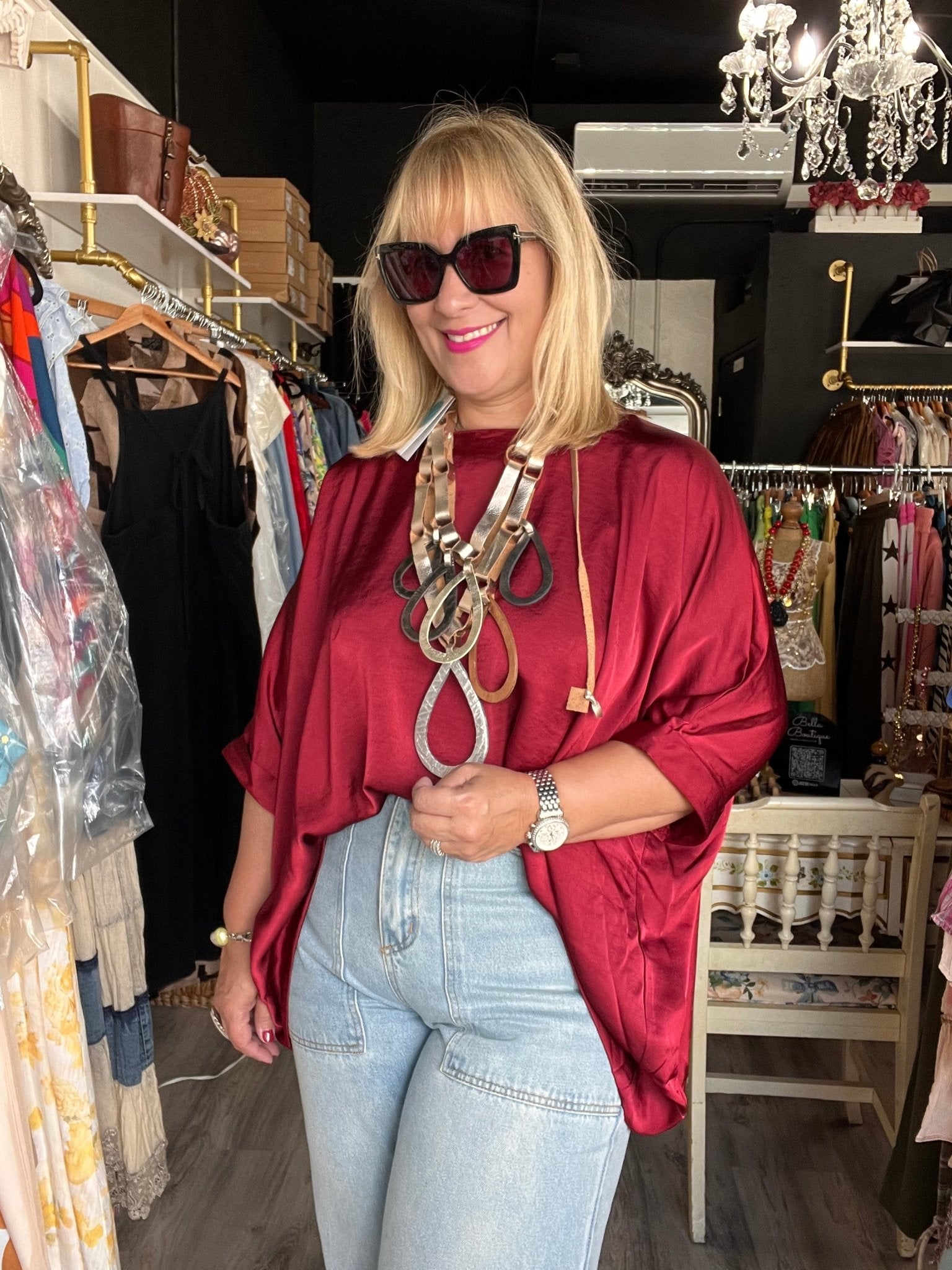 Champagne Satin Tunic Blouse - Bella Boutique & Bellasbylola.com