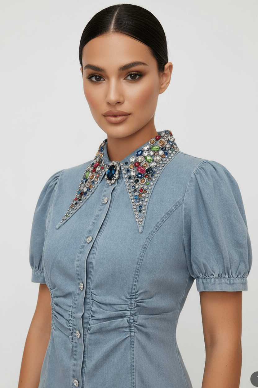 Charlie Embellish Collar Denim Top - Bella Boutique & Bellasbylola.com