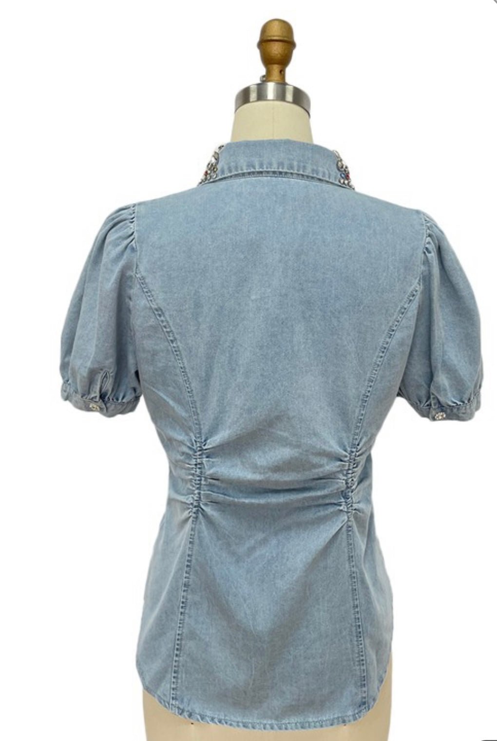 Charlie Embellish Collar Denim Top - Bella Boutique & Bellasbylola.com