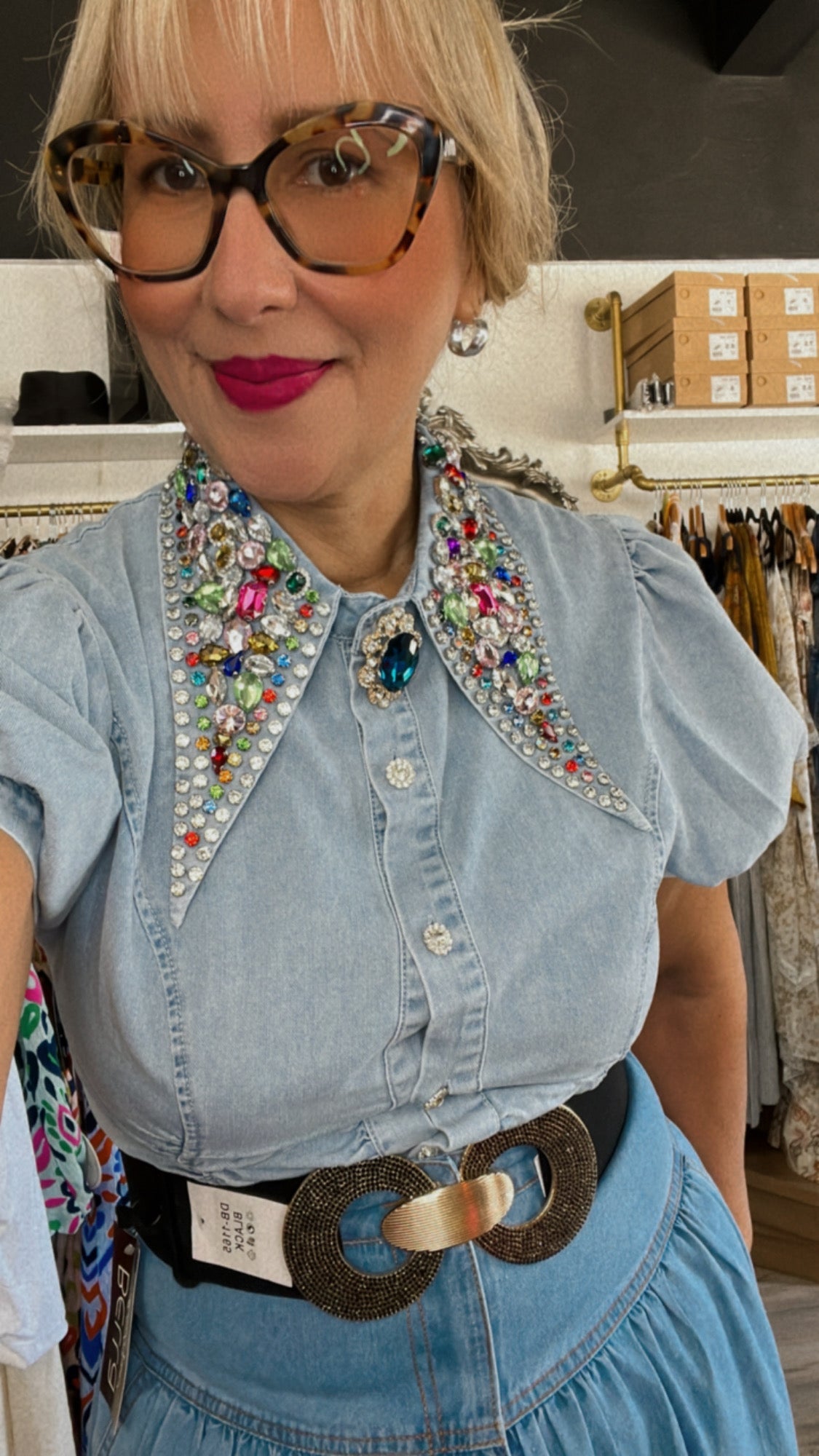 Charlie Embellish Collar Denim Top - Bella Boutique & Bellasbylola.com