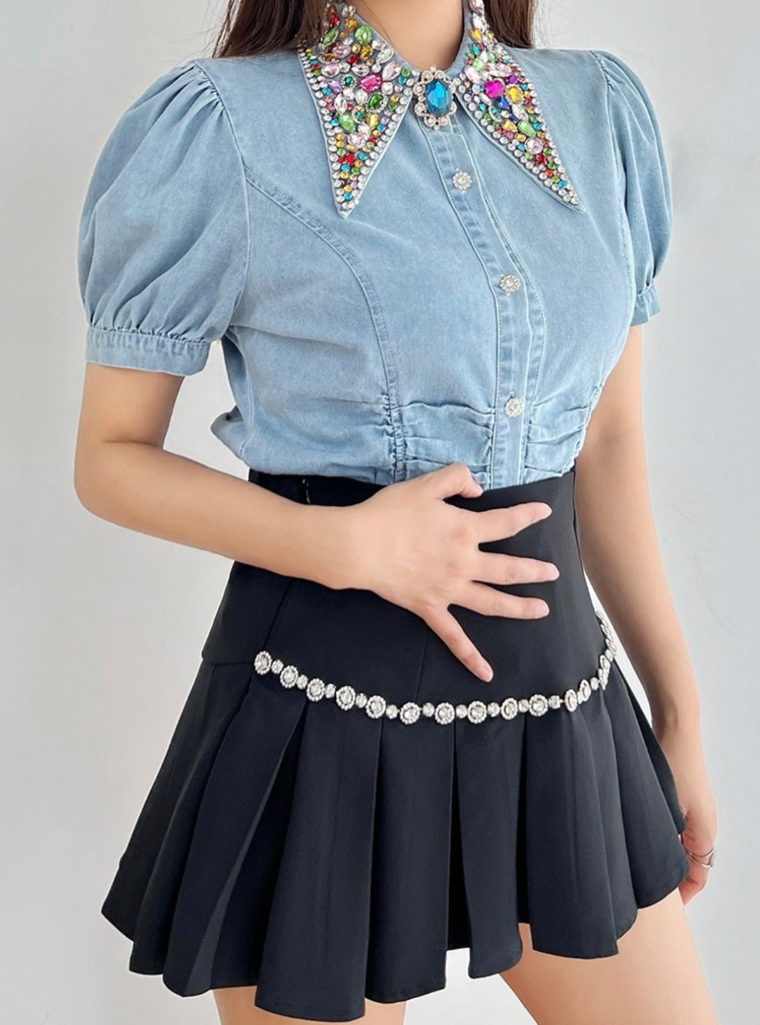 Charlie Embellish Collar Denim Top - Bella Boutique & Bellasbylola.com
