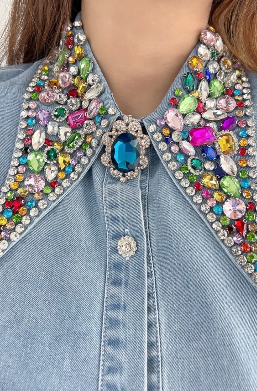 Charlie Embellish Collar Denim Top - Bella Boutique & Bellasbylola.com