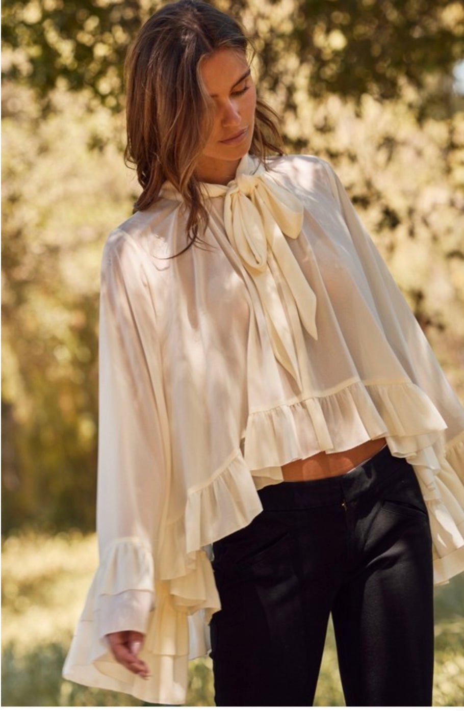 Chiffon Ruffled Boho Chic Long Sleeve Blouse (Beige or Black) - TAX INCLUDED - Bella Boutique & Bellasbylola.com