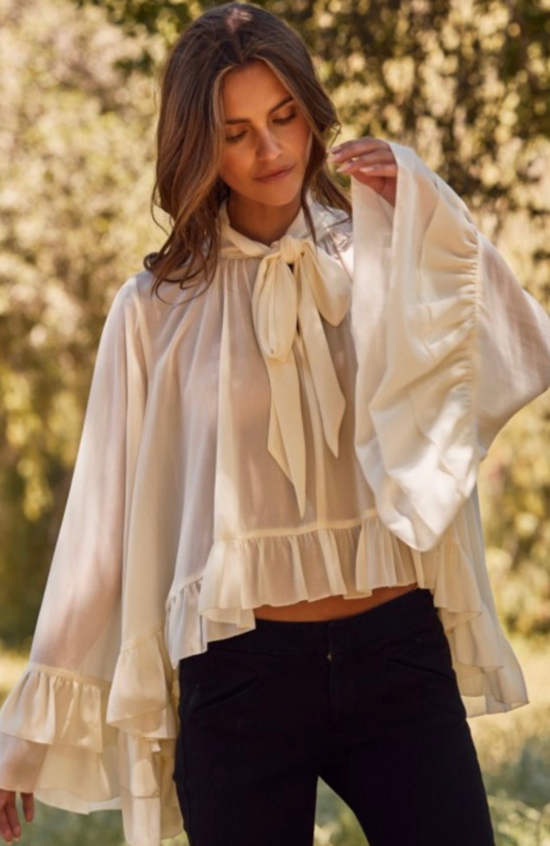 Chiffon Ruffled Boho Chic Long Sleeve Blouse (Beige or Black) - TAX INCLUDED - Bella Boutique & Bellasbylola.com