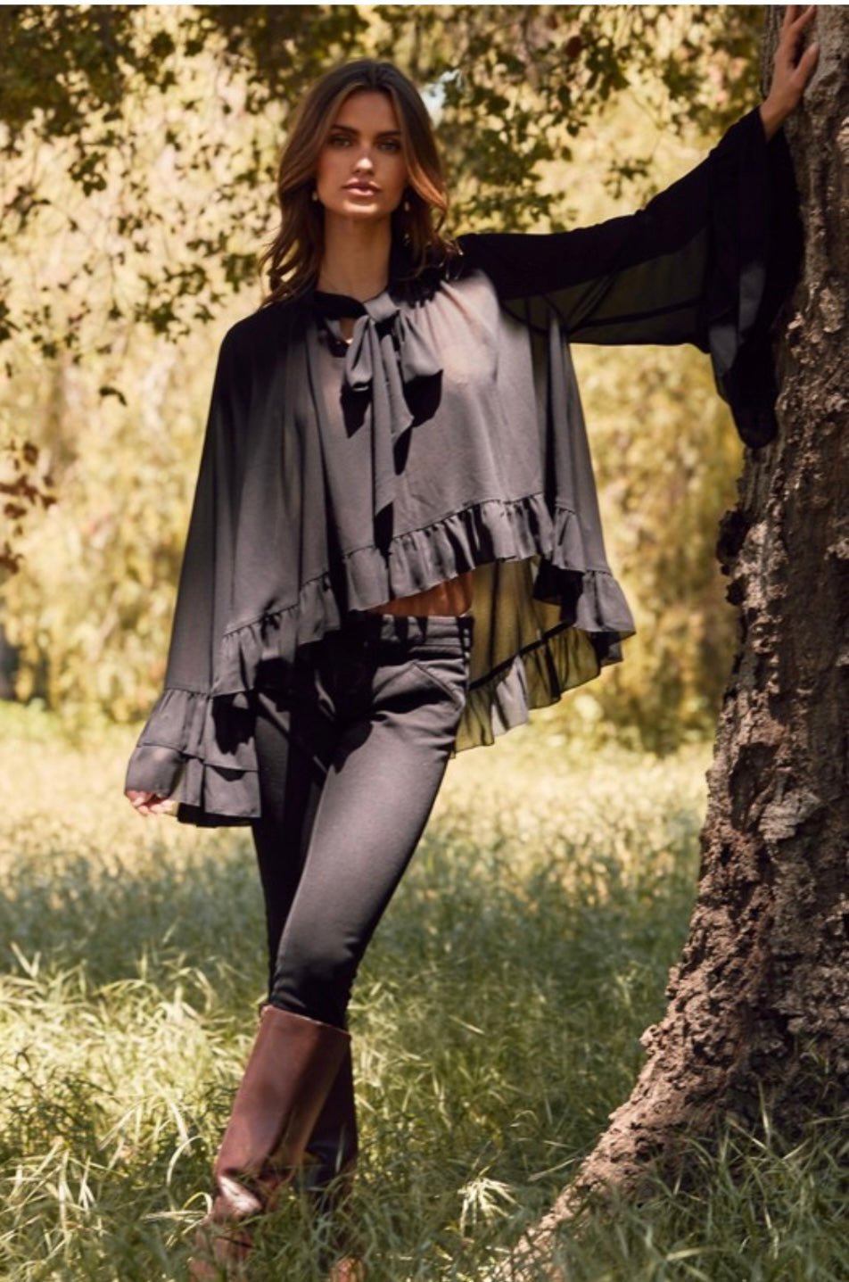 Chiffon Ruffled Boho Chic Long Sleeve Blouse (Beige or Black) - TAX INCLUDED - Bella Boutique & Bellasbylola.com