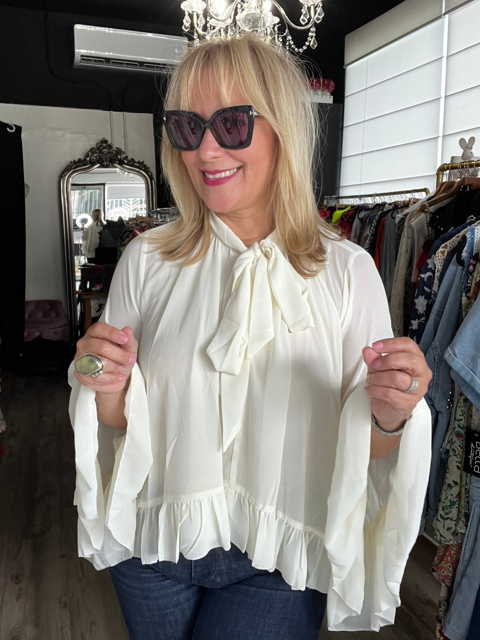 Chiffon Ruffled Boho Chic Long Sleeve Blouse (Beige or Black) - TAX INCLUDED - Bella Boutique & Bellasbylola.com