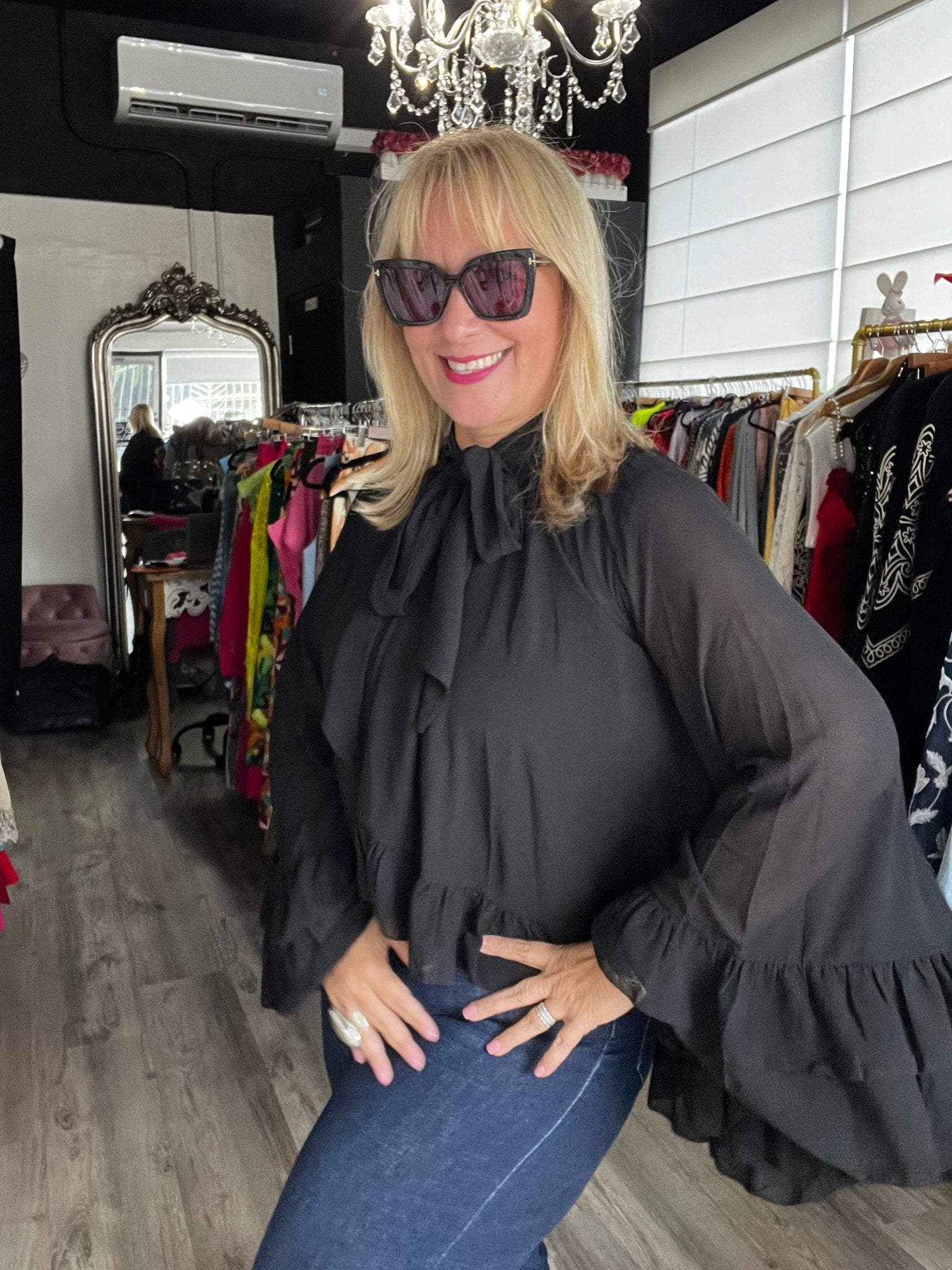 Chiffon Ruffled Boho Chic Long Sleeve Blouse (Beige or Black) - TAX INCLUDED - Bella Boutique & Bellasbylola.com