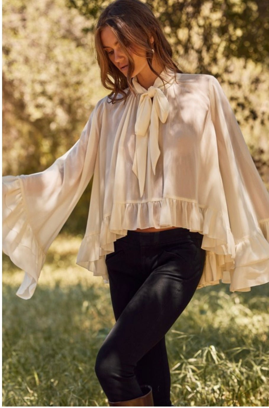 Chiffon Ruffled Boho Chic Long Sleeve Blouse (Beige or Black) - TAX INCLUDED - Bella Boutique & Bellasbylola.com