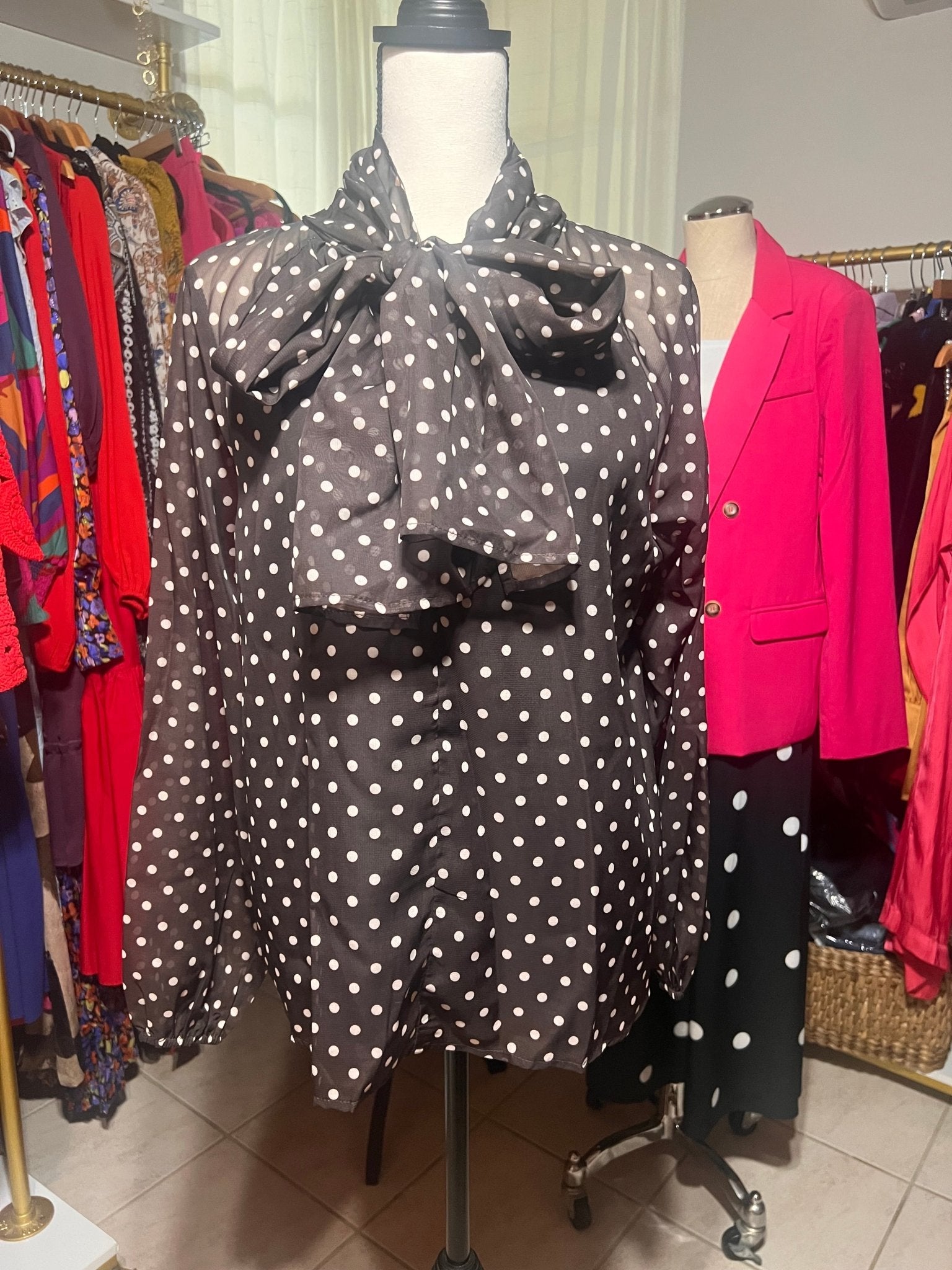 Chocolate Polka Dots Long Sleeve Bow Tie Blouse - Bella Boutique & Bellasbylola.com