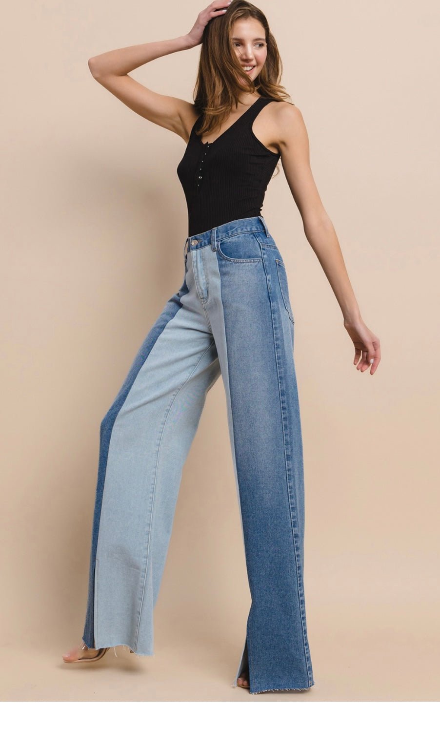 High Waisted Color Block Wide Leg Jeans - Bella Boutique & Bellasbylola.com