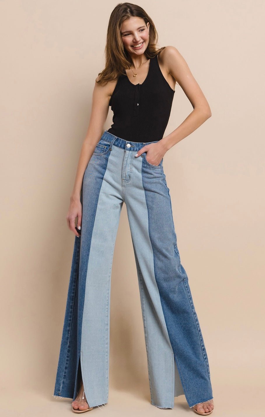 High Waisted Color Block Wide Leg Jeans - Bella Boutique & Bellasbylola.com