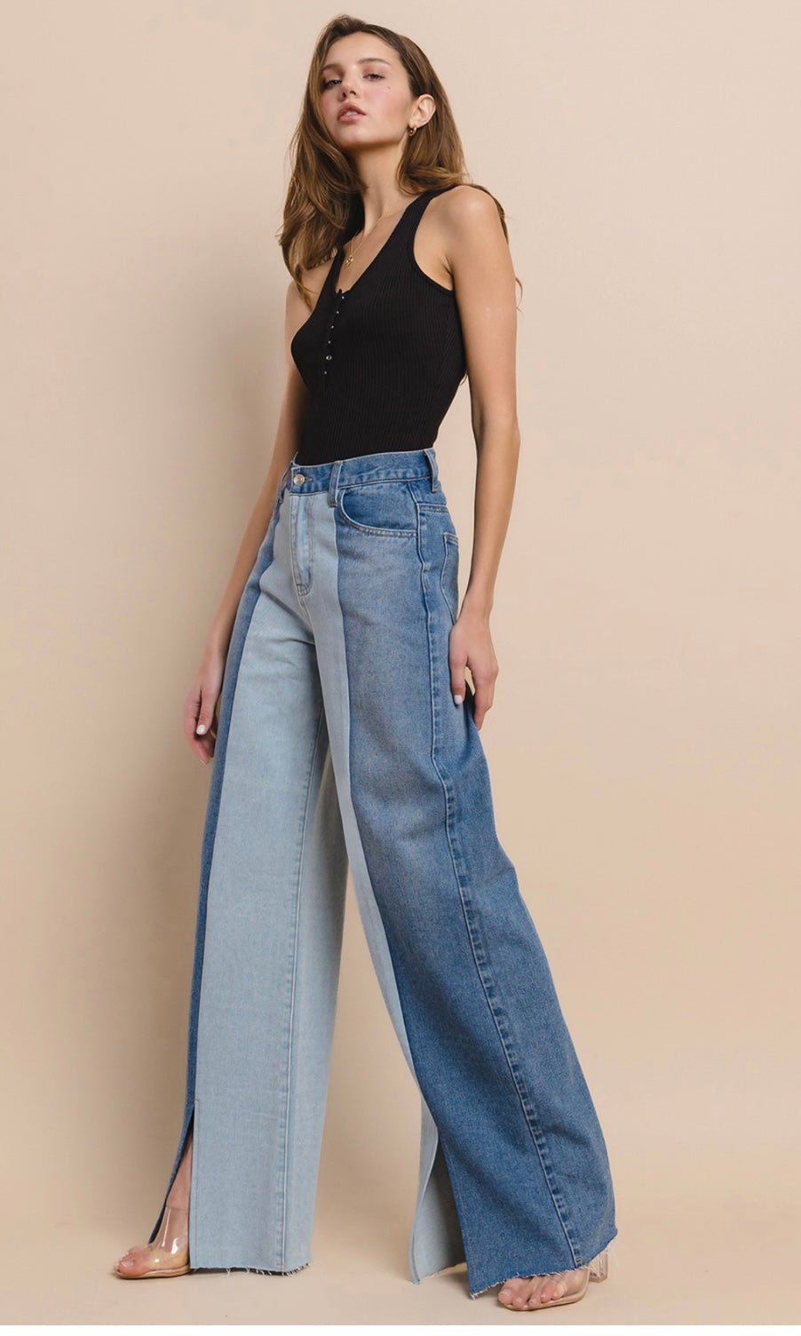 High Waisted Color Block Wide Leg Jeans - Bella Boutique & Bellasbylola.com