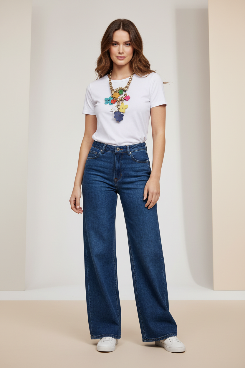 Woman wearing a white t-shirt, blue jeans, and colorful necklace against a neutral background