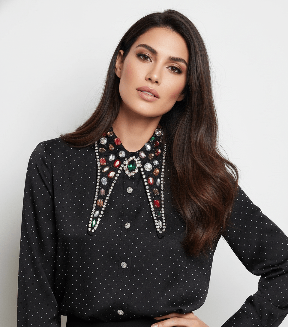 Crystal Embellished Polka Dot Blouse - Elegant Design with Sparkling Details - Bella Boutique & Bellasbylola.com