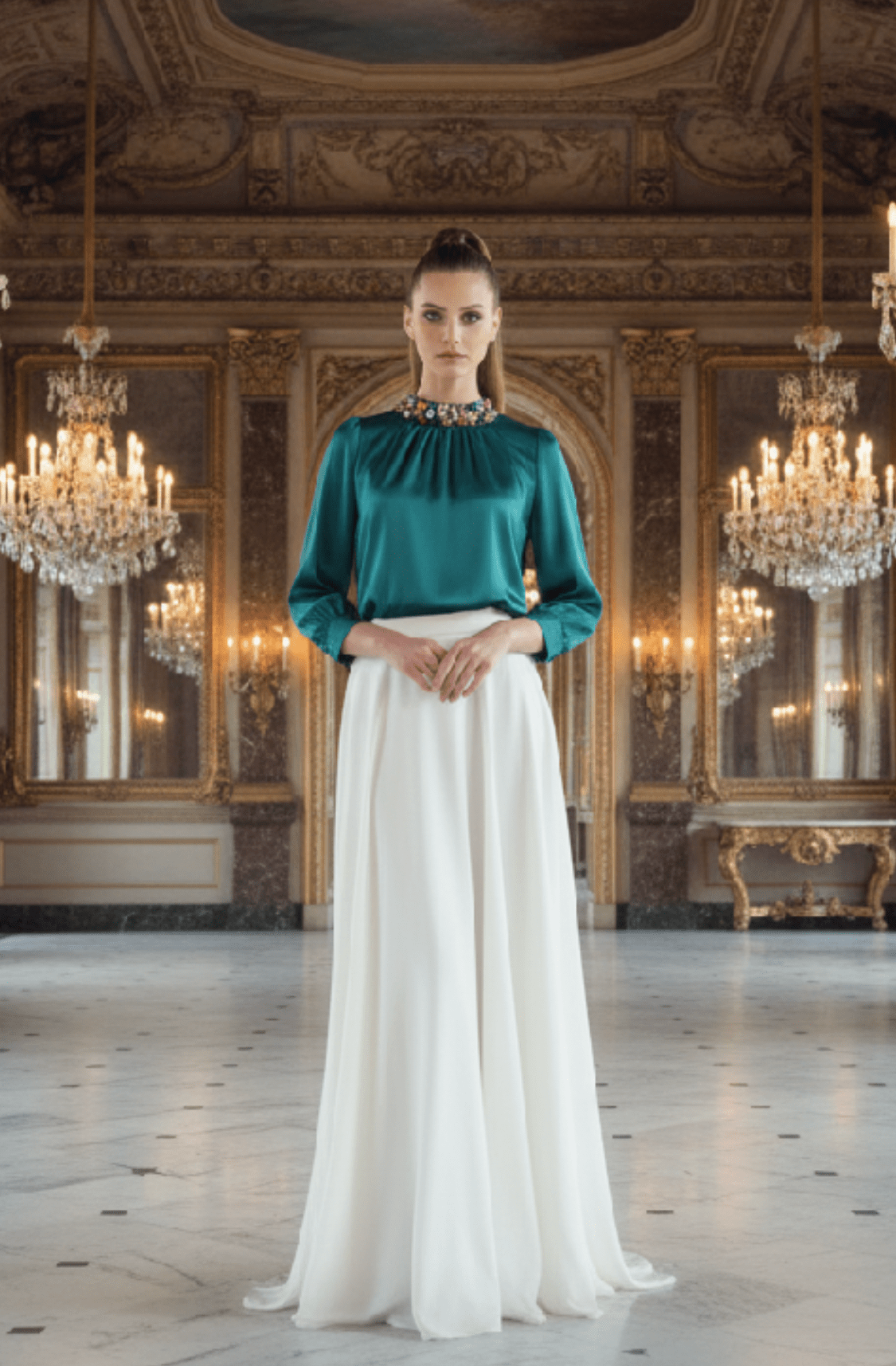 Crystal Neckline Classic Fit Blouse: Elegant and Timeless Style - Bella Boutique & Bellasbylola.com