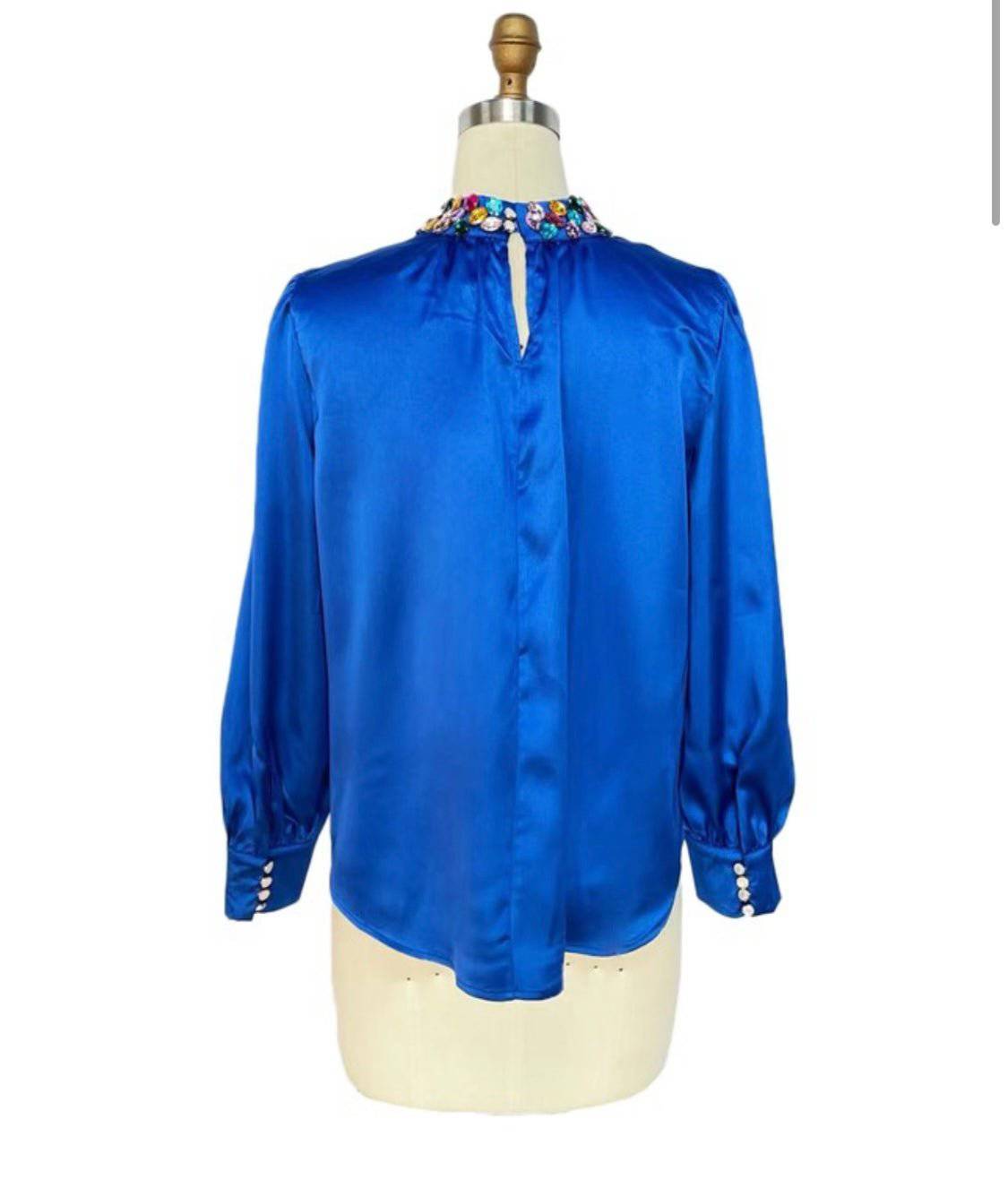 Crystal Neck Cobalt Blue Blouse: Luxurious Tailored Elegance - Bella Boutique & Bellasbylola.com