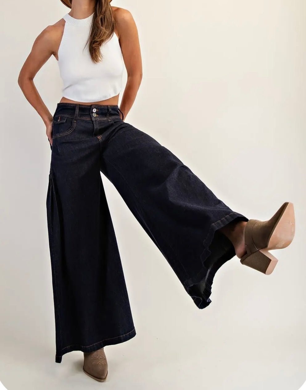 Dark Denim Palazzo Jeans - Wide Leg Available In Store & Online π - Bella Boutique & Bellasbylola.com