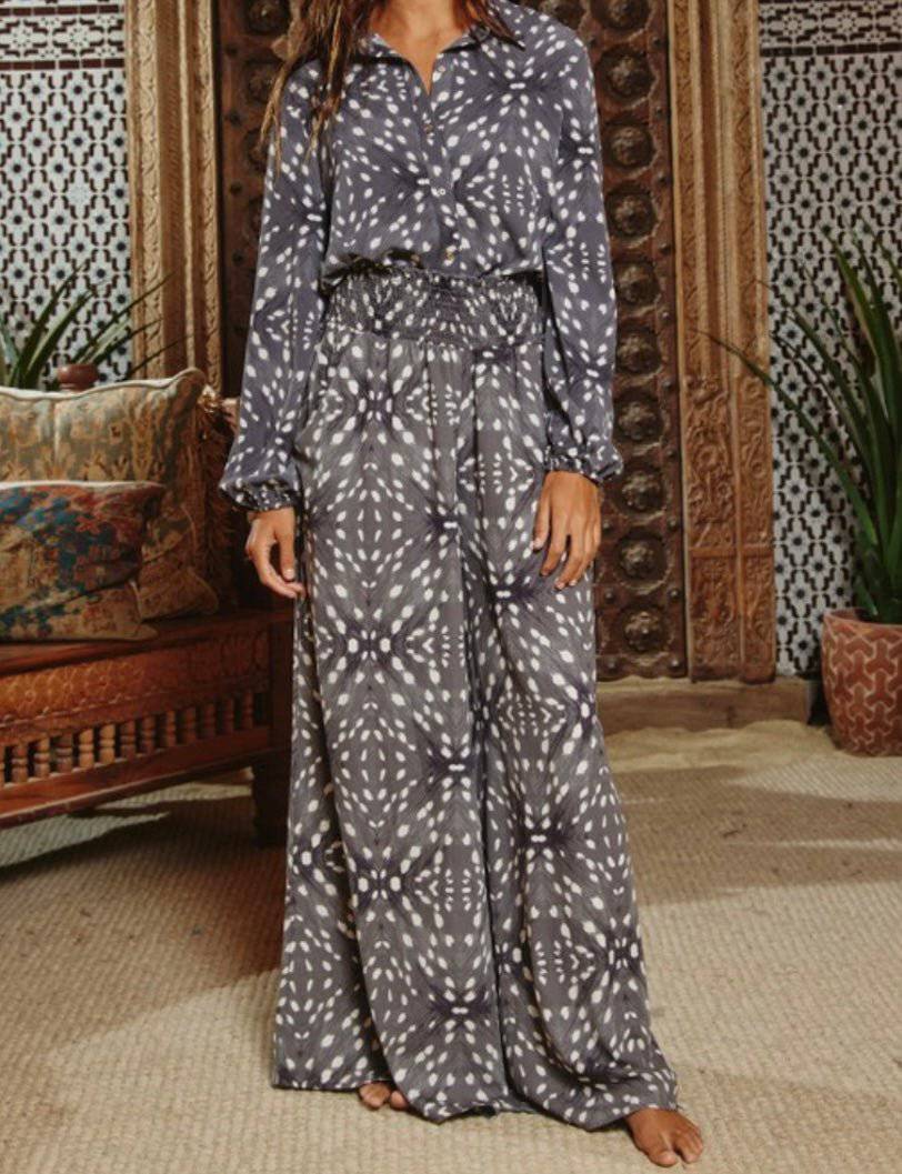 Dark Grey Collared Button Down Top - Loose Fit, Elastic Sleeves - Bella Boutique & Bellasbylola.com