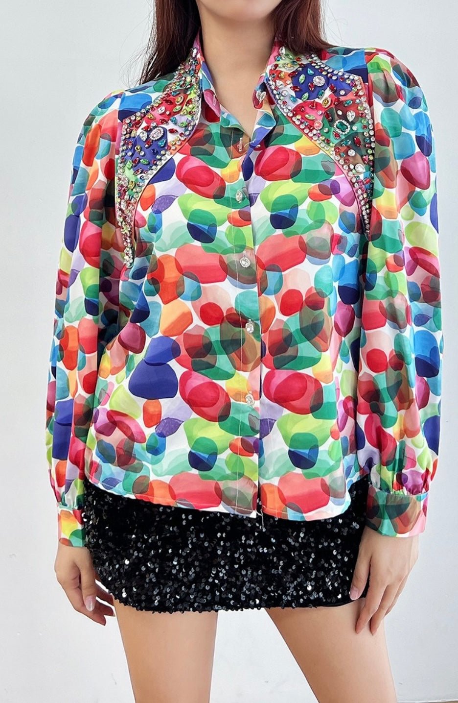 Colorful Beaded Collar Long Sleeve Satin Blouse - Bella Boutique & Bellasbylola.com