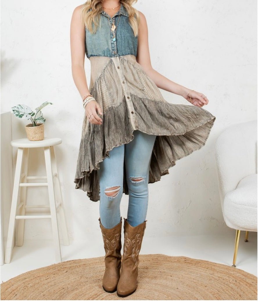 Denim & Beige Asymmetrical Hi Low Vest - In Store & Online - Bella Boutique & Bellasbylola.com