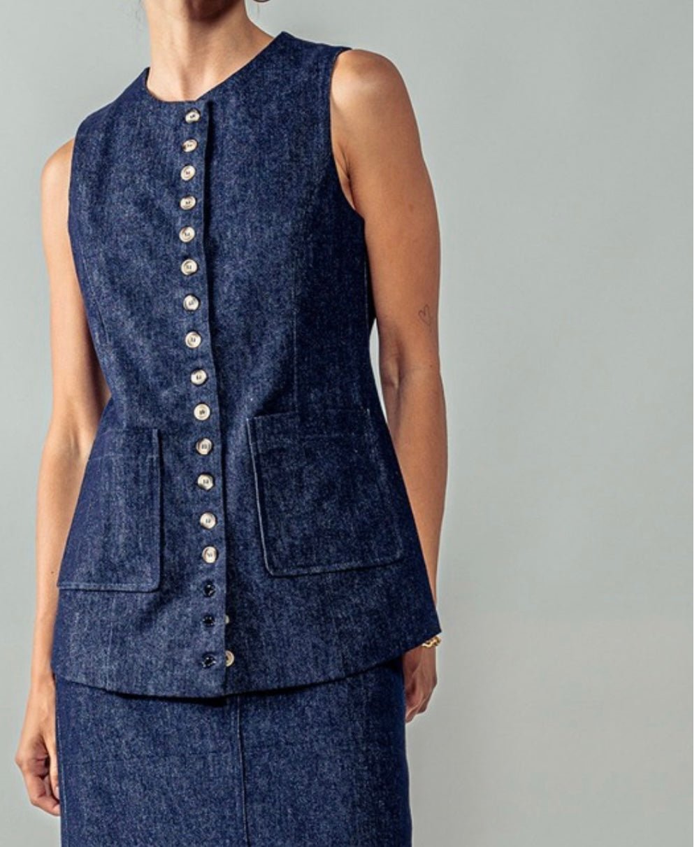 Denim Button Down Vest - New π - In Store & Online - Bella Boutique & Bellasbylola.com