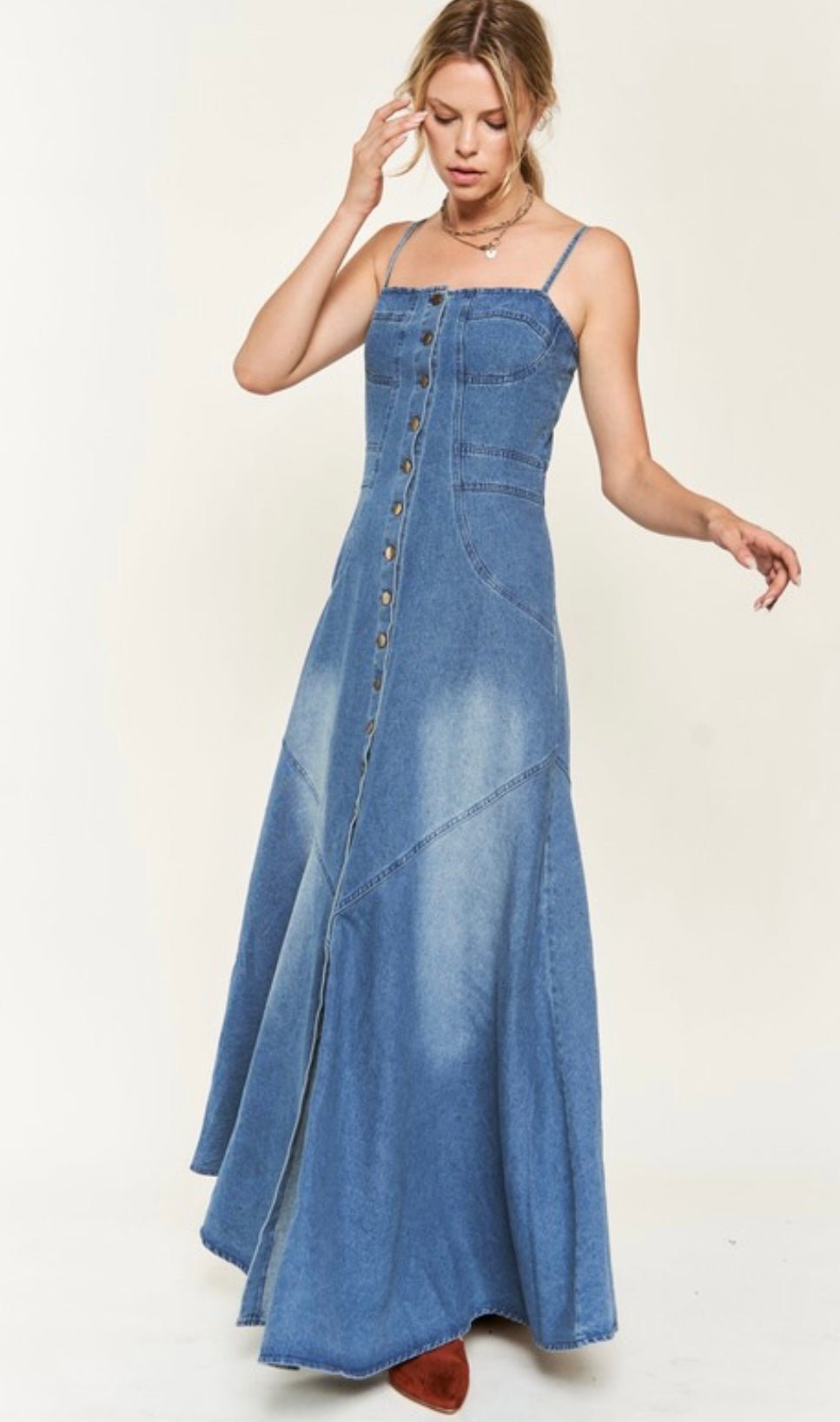 Mermaid Style Denim Maxi Dress with Adjustable Straps - Perfect for Any Occasion - Bella Boutique & Bellasbylola.com