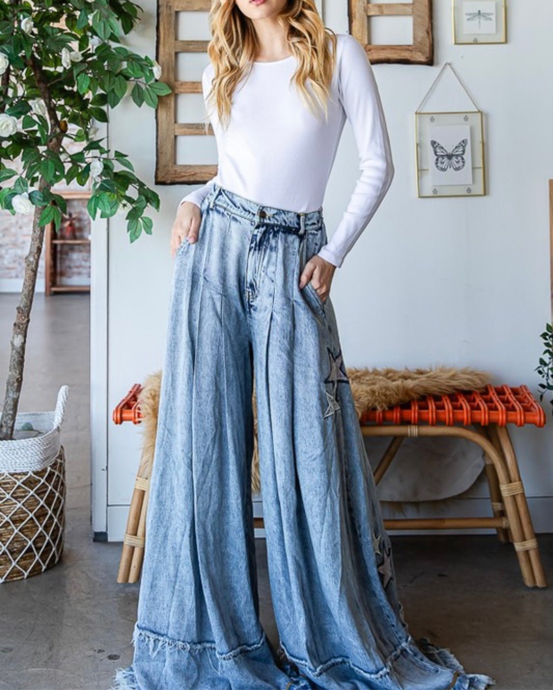 Denim Star Wide Leg Palazzo Jean - Premium Star Print Clothing - Bella Boutique & Bellasbylola.com