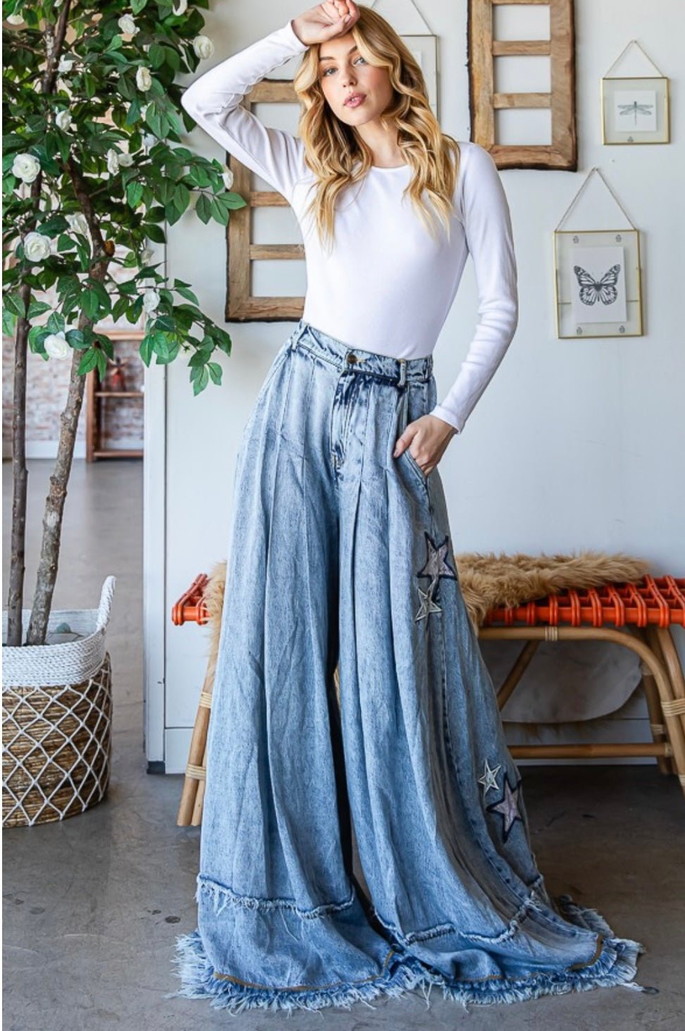 Denim Star Wide Leg Palazzo Jean - Premium Star Print Clothing - Bella Boutique & Bellasbylola.com