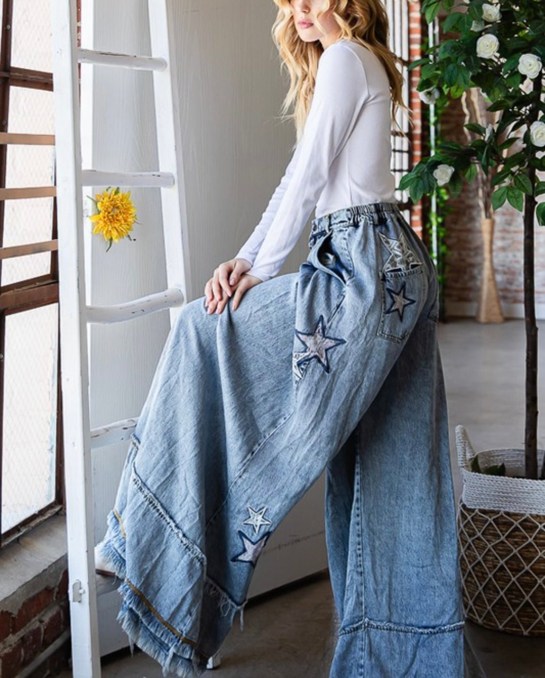 Denim Star Wide Leg Palazzo Jean - Premium Star Print Clothing - Bella Boutique & Bellasbylola.com