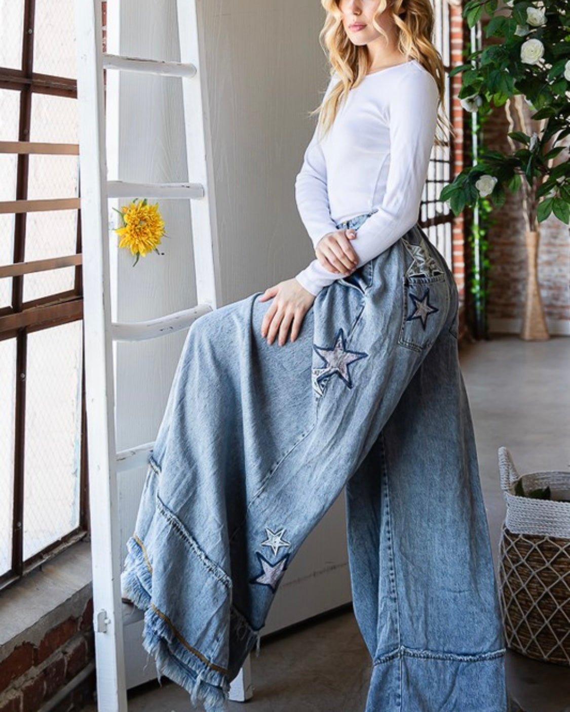 Denim Star Wide Leg Palazzo Jean - Premium Star Print Clothing - Bella Boutique & Bellasbylola.com