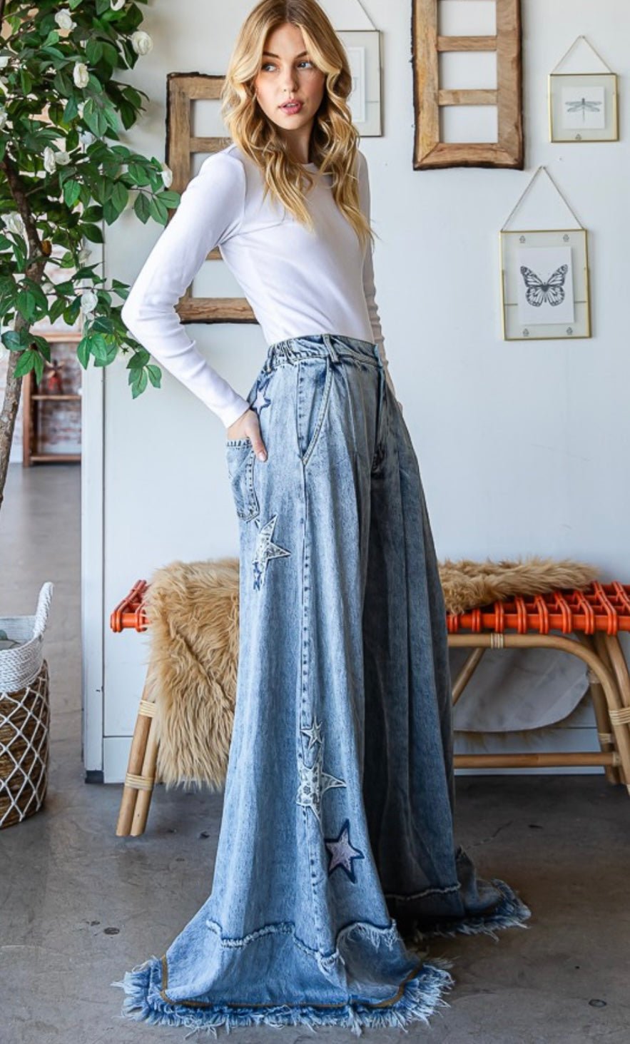 Denim Star Wide Leg Palazzo Jean - Premium Star Print Clothing - Bella Boutique & Bellasbylola.com