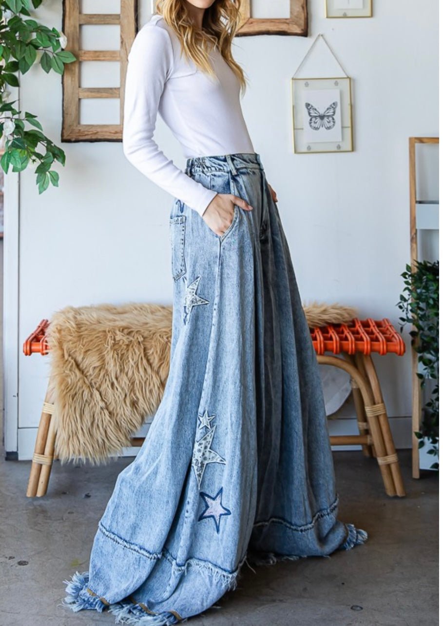 Denim Star Wide Leg Palazzo Jean - Premium Star Print Clothing - Bella Boutique & Bellasbylola.com